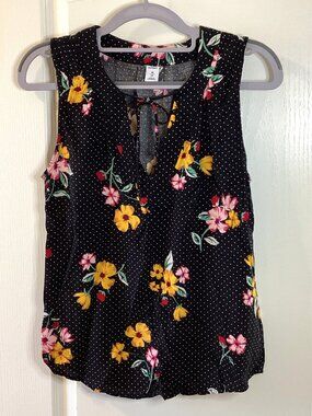 Old Navy Women's Sleeveless Top Black Floral Polka Dot Colorful Size XS